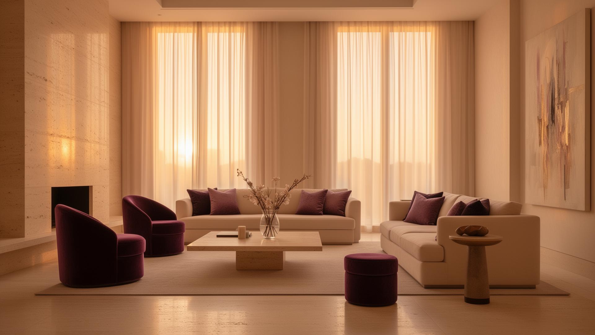 Cream-toned living room bathed in golden hour light