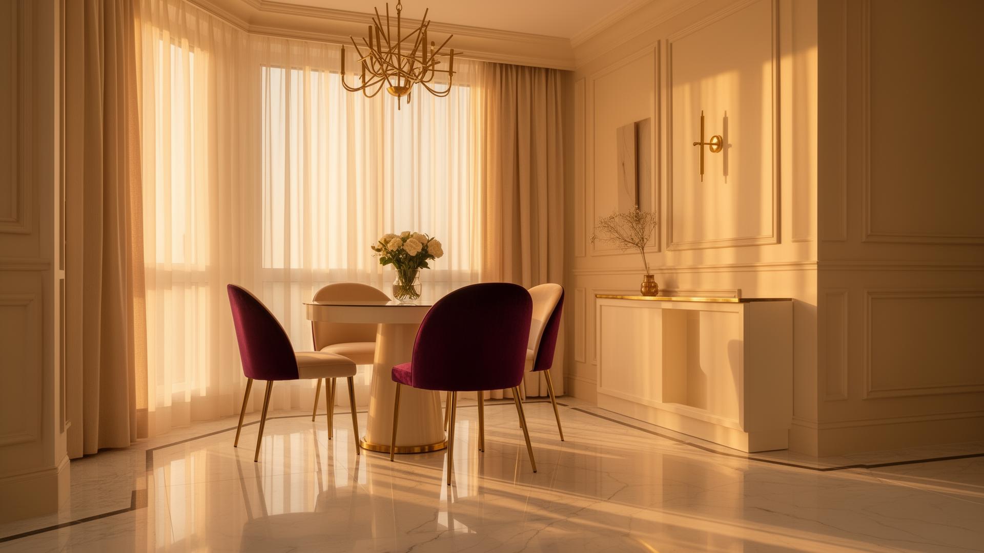 Elegant dining nook with brass and plum accents