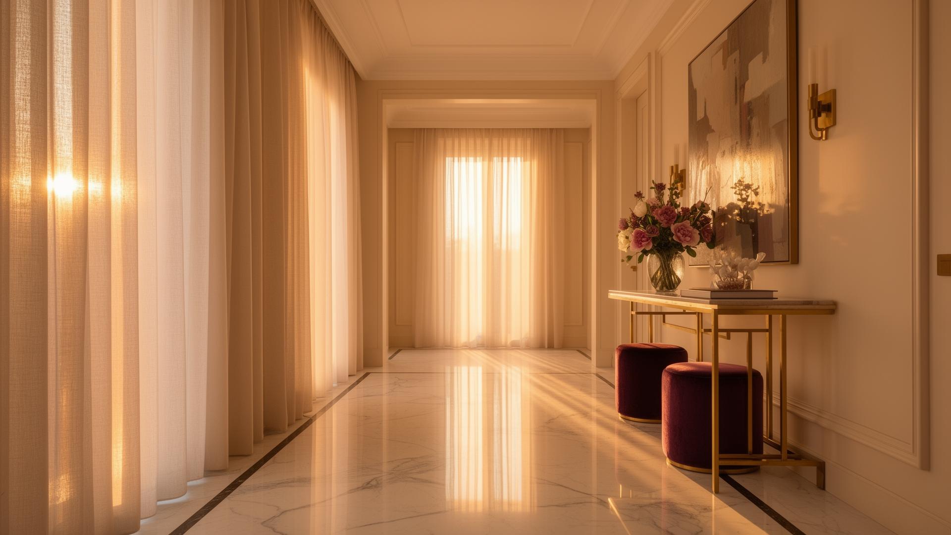 Marble hallway with sheer curtains and warm sunlight