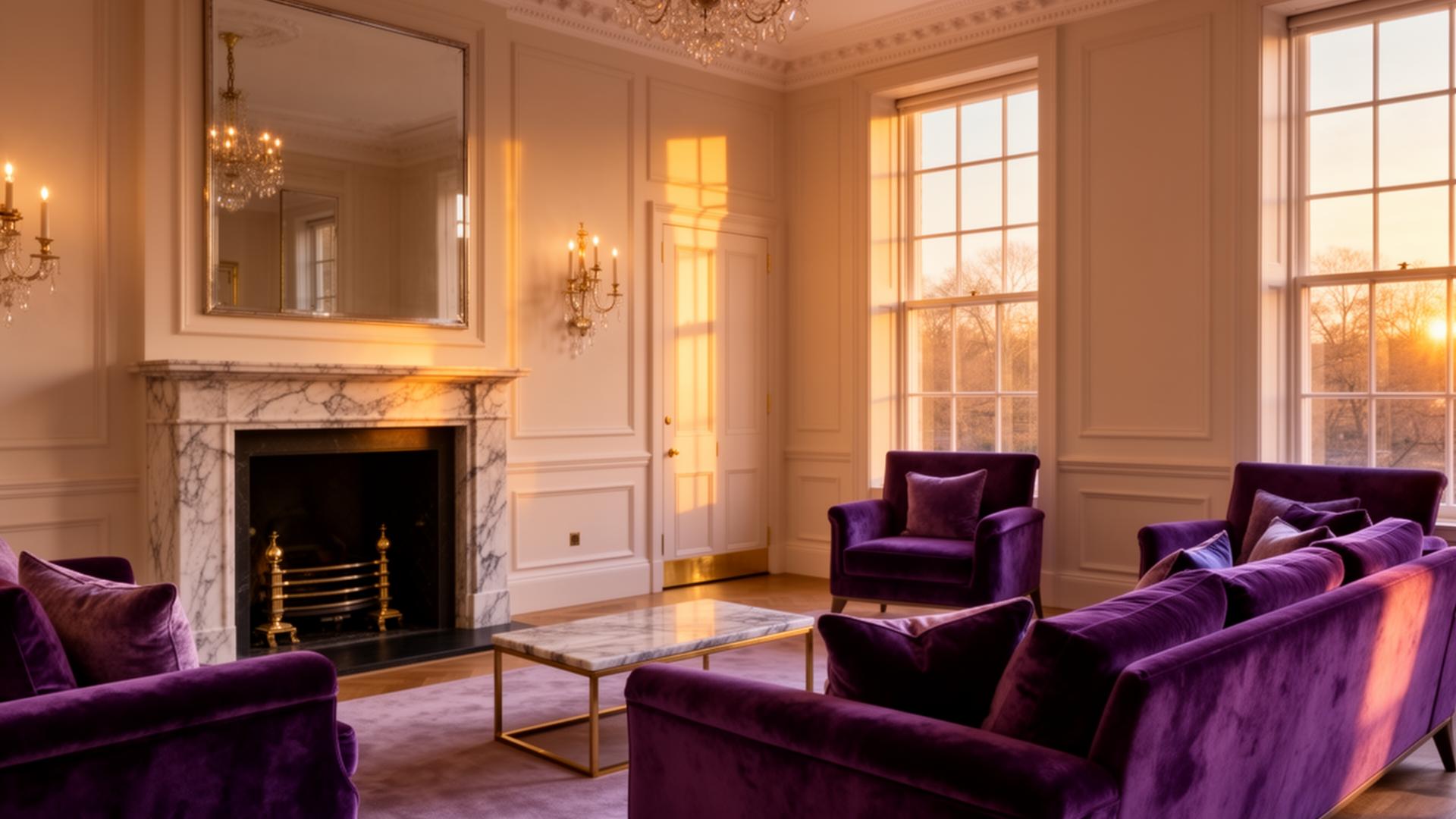 Luxury cream interior with marble fireplace at golden hour